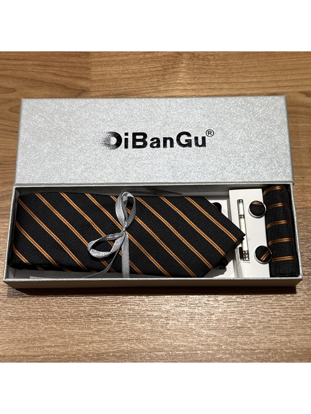 Mens Solid Black Gold Stripes Tie Set with Gift Box